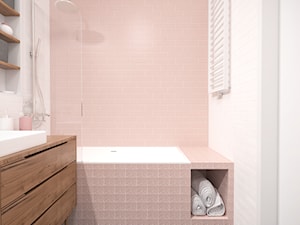 Retro łazienka z różowymi płytkami na ścianie. - zdjęcie od Studio Monocco