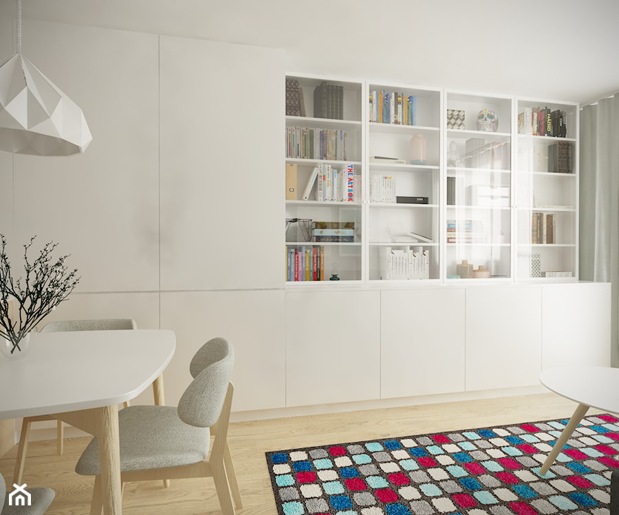 Służew - 38m² - Średni salon z bibiloteczką, styl skandynawski - zdjęcie od Studio Monocco