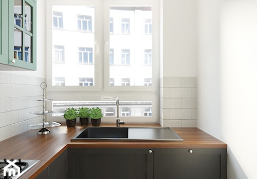 Żoliborz - 50m² - Średnia biała z zabudowaną lodówką z nablatowym zlewozmywakiem kuchnia w kształcie litery l z oknem, styl tradycyjny - zdjęcie od Studio Monocco