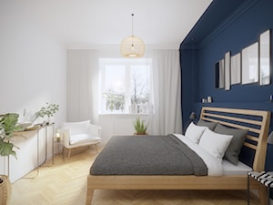 Mokotów - 55 m.² - Mała biała niebieska sypialnia, styl skandynawski - zdjęcie od Studio Monocco