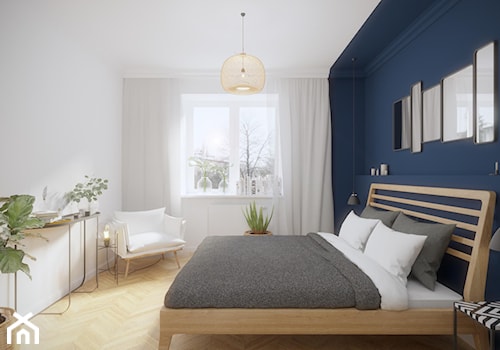 Mokotów - 55 m.² - Mała biała niebieska sypialnia, styl skandynawski - zdjęcie od Studio Monocco