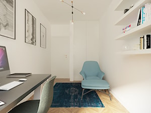Mokotów - 60 m.² - Średnie w osobnym pomieszczeniu białe z fotografiami na ścianie biuro, styl minimalistyczny - zdjęcie od Studio Monocco