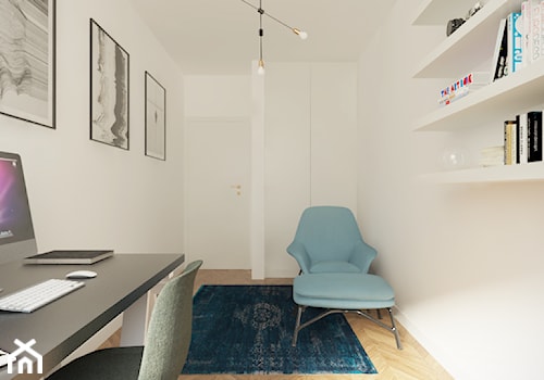 Mokotów - 60 m.² - Średnie w osobnym pomieszczeniu białe z fotografiami na ścianie biuro, styl minimalistyczny - zdjęcie od Studio Monocco