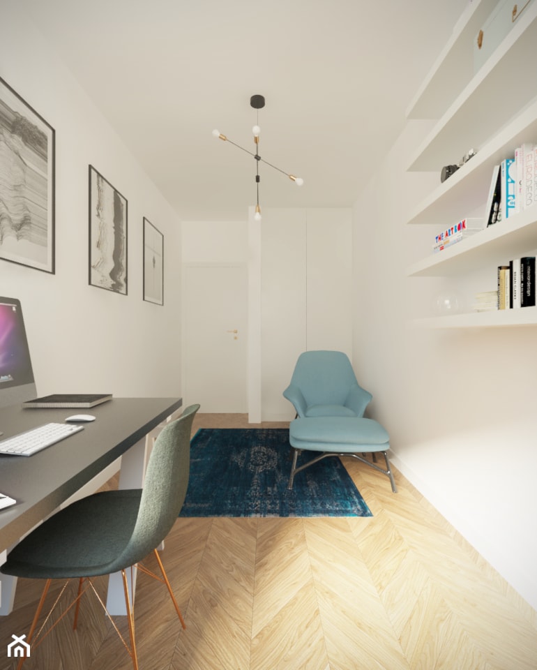 Mokotów - 60 m.² - Średnie w osobnym pomieszczeniu białe z fotografiami na ścianie biuro, styl minimalistyczny - zdjęcie od Studio Monocco - Homebook