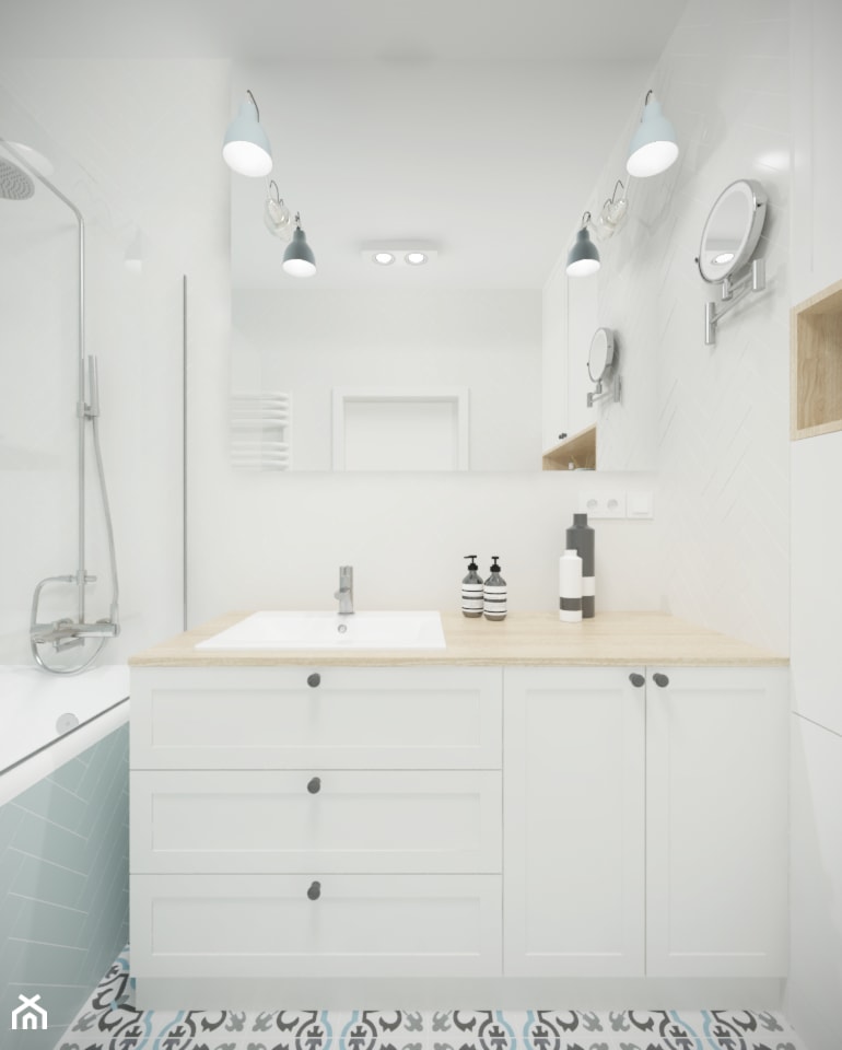 Słodowiec - 50 m² - Mała bez okna z lustrem z punktowym oświetleniem łazienka, styl skandynawski - zdjęcie od Studio Monocco - Homebook