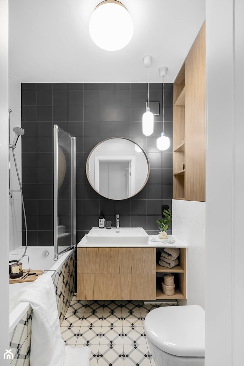 Mokotów - realizacja - 105m.² - Mała bez okna z lustrem łazienka, styl skandynawski - zdjęcie od Studio Monocco