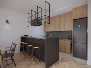 Grochów - 53 m.² - Duża otwarta biała czarna z zabudowaną lodówką kuchnia dwurzędowa z marmurem nad blatem kuchennym, styl nowoczesny - zdjęcie od Studio Monocco