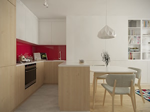 Służew - 38m² - Średnia otwarta z salonem z zabudowaną lodówką z nablatowym zlewozmywakiem kuchnia w kształcie litery u z kompozytem na ścianie nad blatem kuchennym, styl skandynawski - zdjęcie od Studio Monocco
