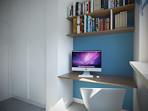 Sadyba - 65m2. - Małe z zabudowanym biurkiem białe niebieskie biuro, styl minimalistyczny - zdjęcie od Studio Monocco