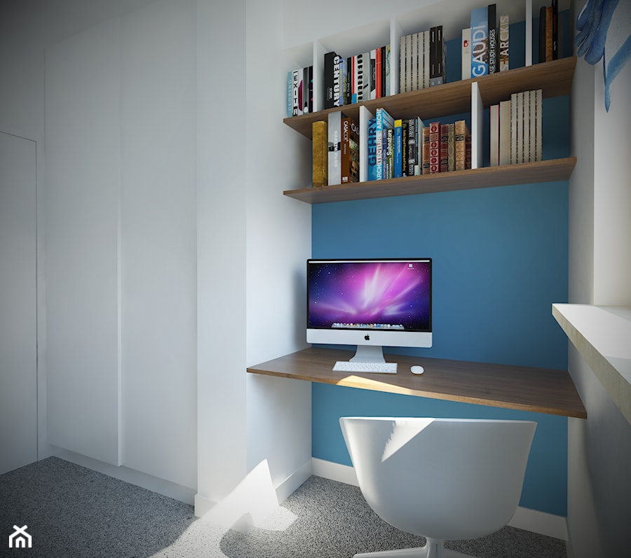 Sadyba - 65m2. - Małe z zabudowanym biurkiem białe niebieskie biuro, styl minimalistyczny - zdjęcie od Studio Monocco