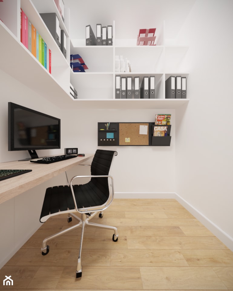 Bemowo - 90 m² - Małe w osobnym pomieszczeniu z zabudowanym biurkiem białe biuro, styl nowoczesny - zdjęcie od Studio Monocco