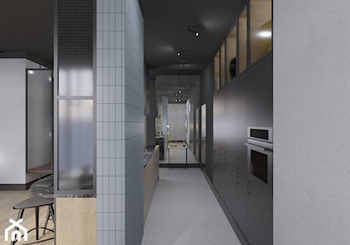 Powiśle - 60m.² - Duża otwarta szara z zabudowaną lodówką kuchnia dwurzędowa, styl industrialny - zdjęcie od Studio Monocco