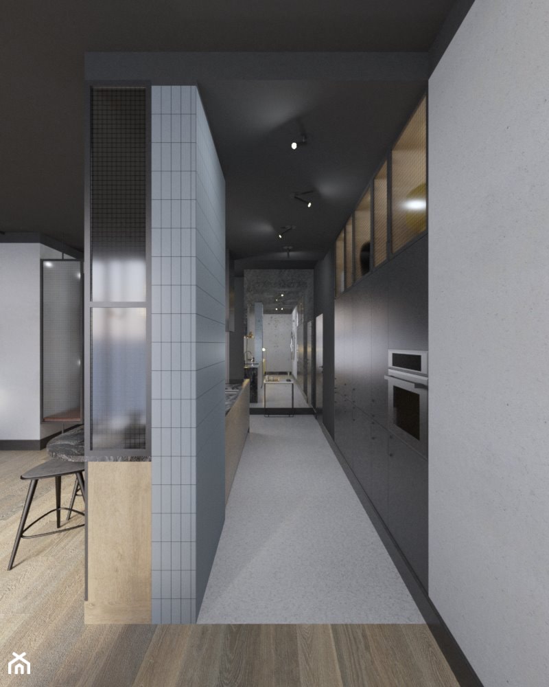 Powiśle - 60m.² - Duża otwarta szara z zabudowaną lodówką kuchnia dwurzędowa, styl industrialny - zdjęcie od Studio Monocco