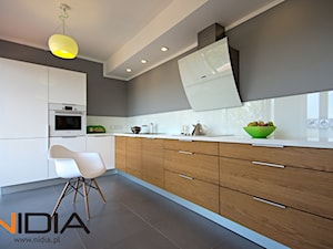 Apartament w Opolu (2011r) - Duża otwarta szara z zabudowaną lodówką kuchnia w kształcie litery l, styl minimalistyczny - zdjęcie od NIDIA