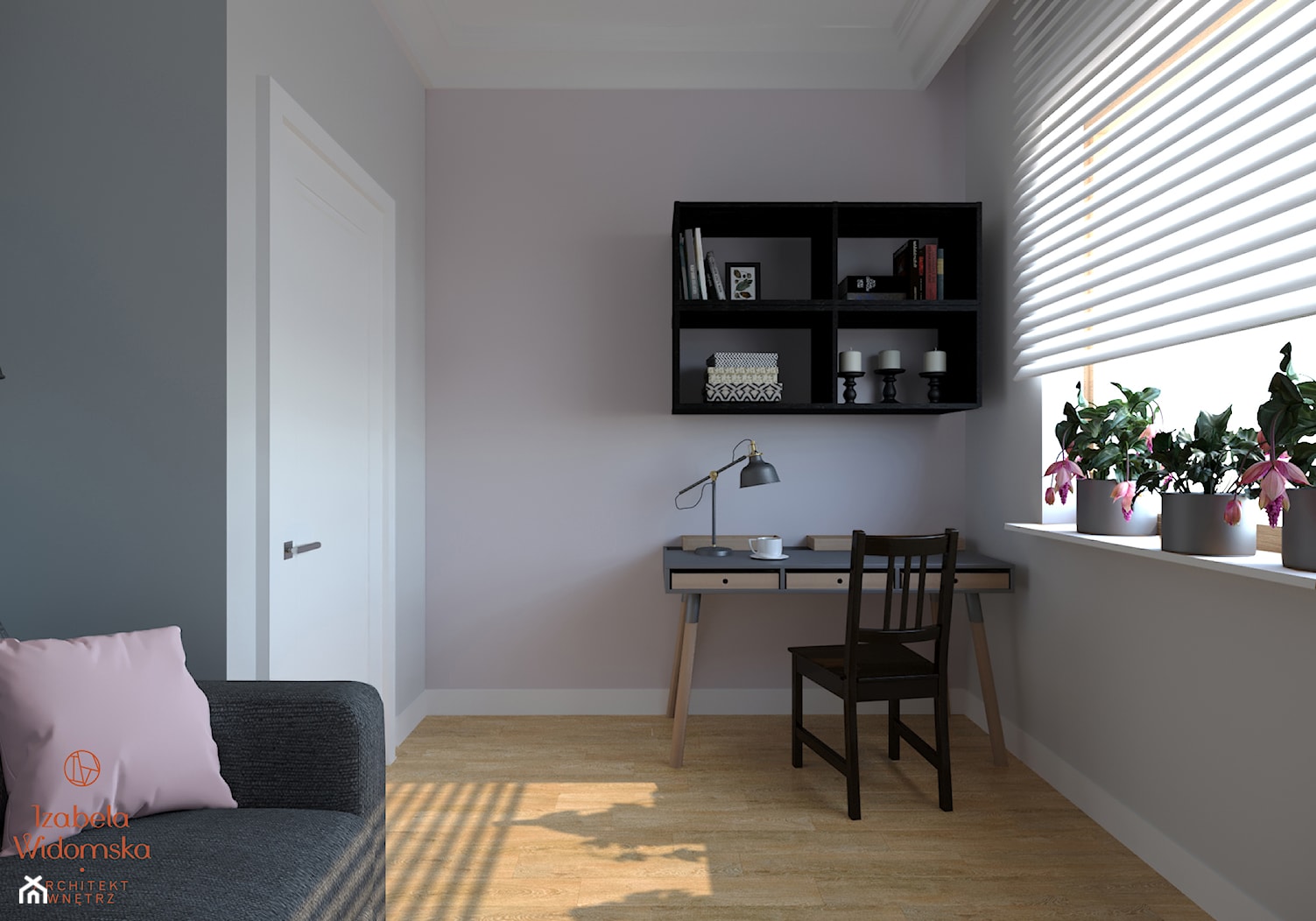 DOM W STYLU HAMPTON - Średnie z sofą różowe szare biuro, styl nowoczesny - zdjęcie od Izabela Widomska Wnętrza - Homebook