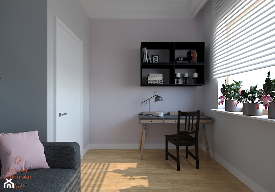 DOM W STYLU HAMPTON - Średnie z sofą różowe szare biuro, styl nowoczesny - zdjęcie od Izabela Widomska Wnętrza