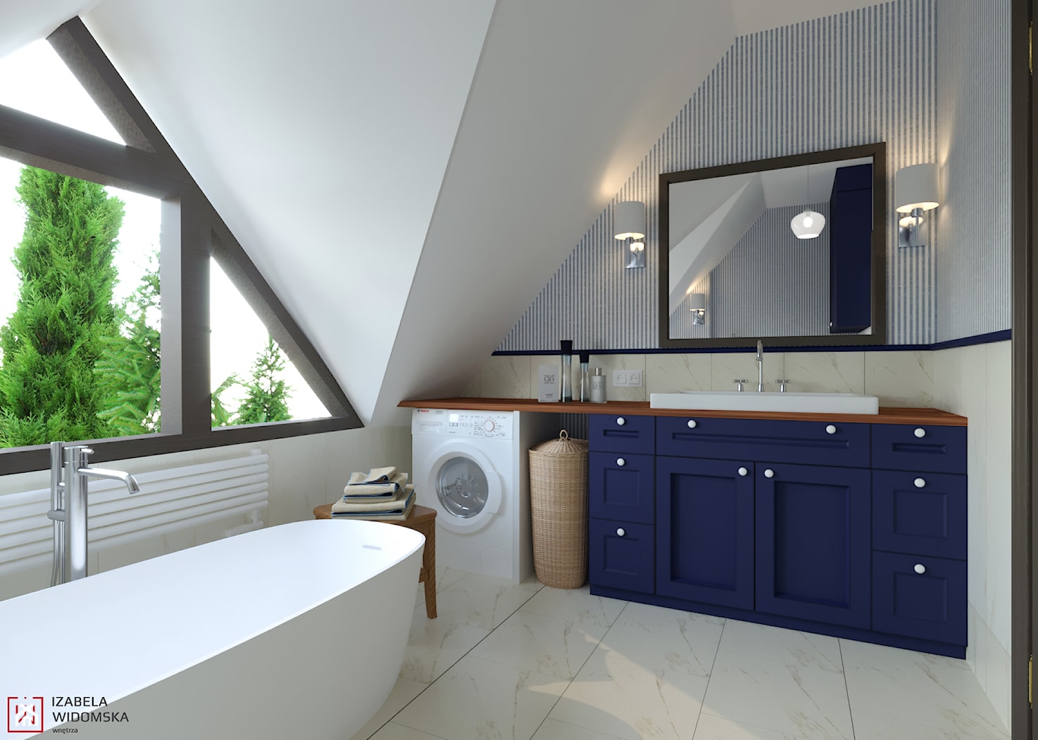 ŁAZIENKA NA PODDASZU Z WANNĄ WOLNOSTOJĄCĄ - Średnia na poddaszu jako pokój kąpielowy z pralką / suszarką łazienka z oknem, styl glamour - zdjęcie od Izabela Widomska Wnętrza - Homebook