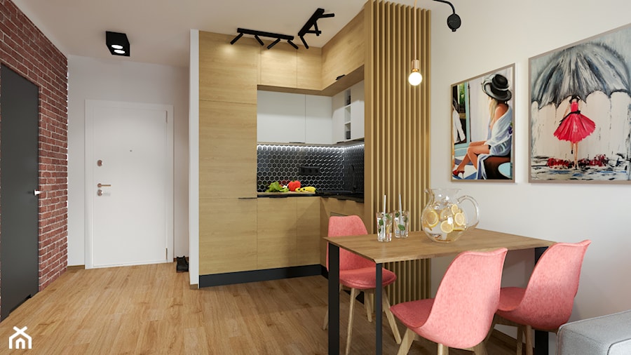 KAWALERKA PANA MARCINA - Średnia otwarta z salonem biała czarna z zabudowaną lodówką z podblatowym zlewozmywakiem kuchnia w kształcie litery l, styl industrialny - zdjęcie od Izabela Widomska Wnętrza