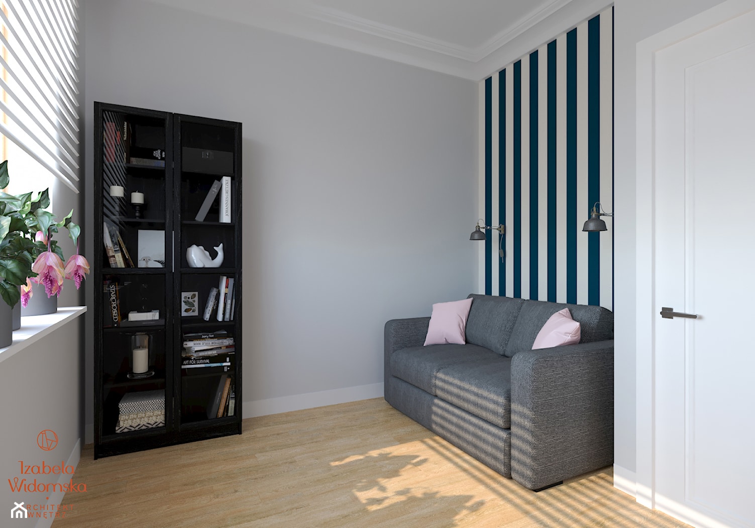 DOM W STYLU HAMPTON - Średnie w osobnym pomieszczeniu z sofą białe niebieskie biuro, styl nowoczesny - zdjęcie od Izabela Widomska Wnętrza - Homebook