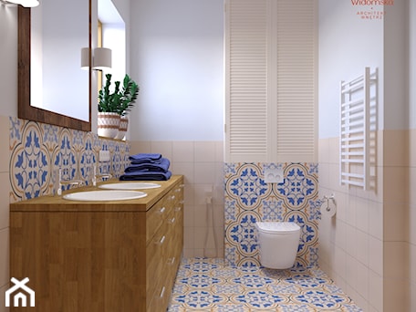 Aranżacje wnętrz - Łazienka: łazienka z płytkami w stylu portugalskim - Izabela Widomska Wnętrza. Przeglądaj, dodawaj i zapisuj najlepsze zdjęcia, pomysły i inspiracje designerskie. W bazie mamy już prawie milion fotografii!
