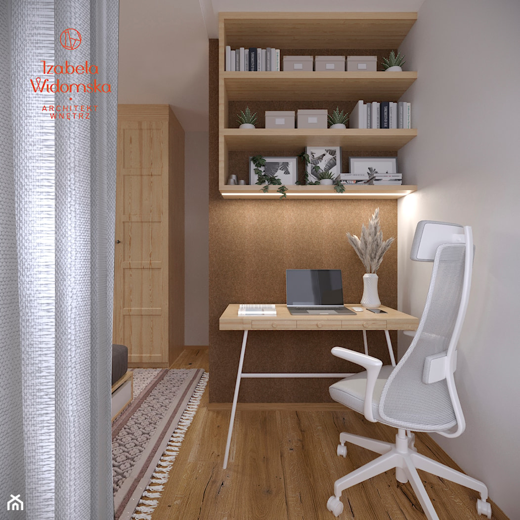 MIESZKANIE HYGGE Z MIEJSCEM DO PRACY - Małe białe brązowe biuro, styl nowoczesny - zdjęcie od Izabela Widomska Wnętrza - Homebook