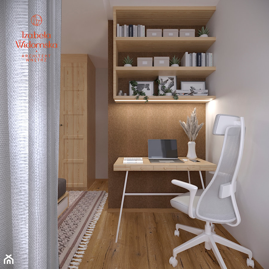 MIESZKANIE HYGGE Z MIEJSCEM DO PRACY - Małe białe brązowe biuro, styl nowoczesny - zdjęcie od Izabela Widomska Wnętrza
