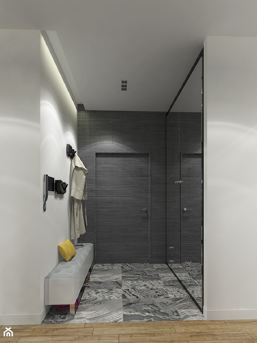 APARTAMENT 130M² – WILANÓW - Średni z wieszakiem biały szary hol / przedpokój, styl nowoczesny - zdjęcie od Devangari Design