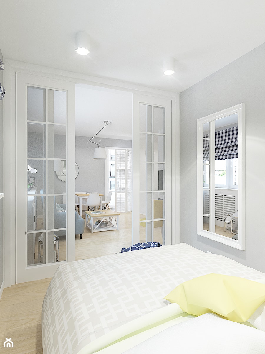 KAWALERKA 32M² – KAMIONEK - Mała szara sypialnia, styl rustykalny - zdjęcie od Devangari Design