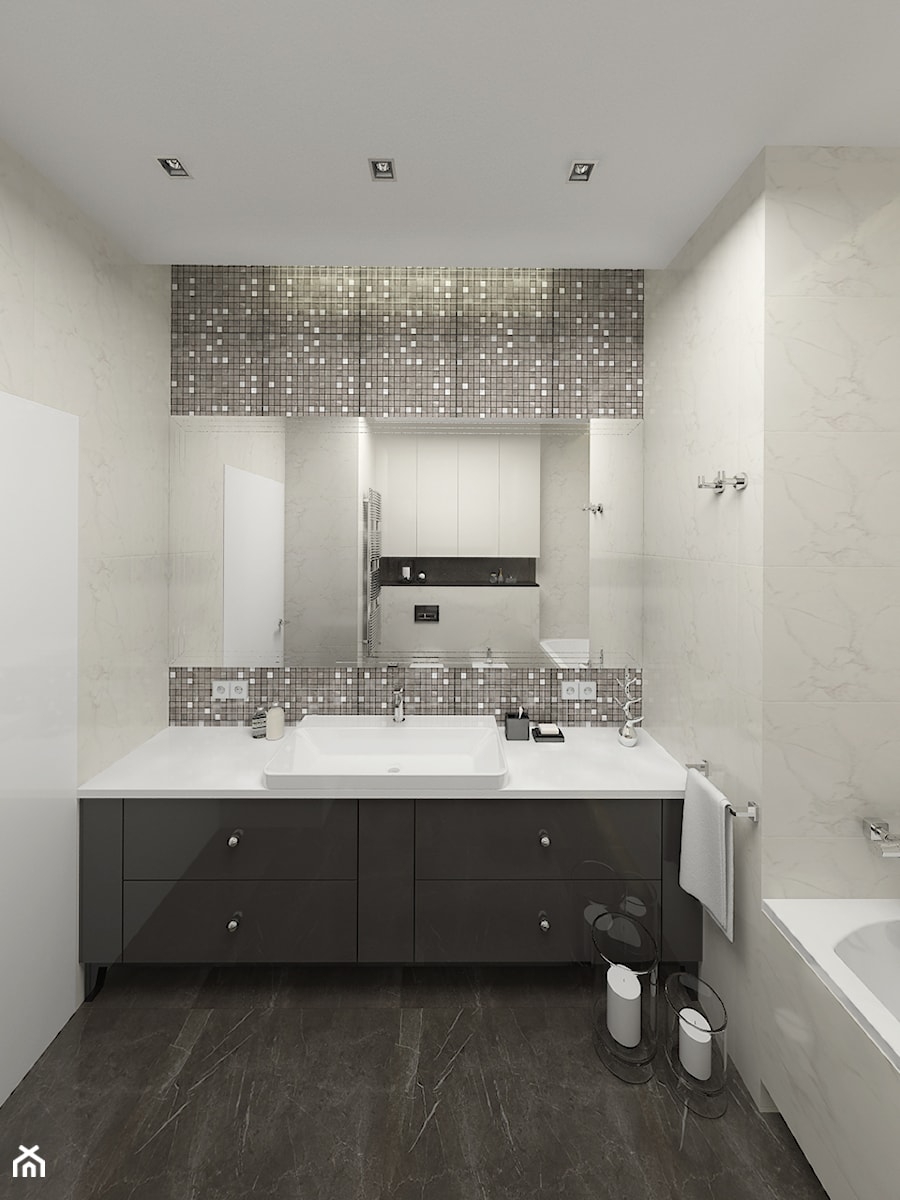 APARTAMENT 130M² – WILANÓW - Średnia na poddaszu bez okna z marmurową podłogą łazienka, styl nowoczesny - zdjęcie od Devangari Design