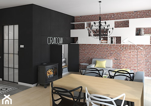 KAWALERKA 35M² – KRAKÓW - Mały czarny szary salon z jadalnią, styl industrialny - zdjęcie od Devangari Design