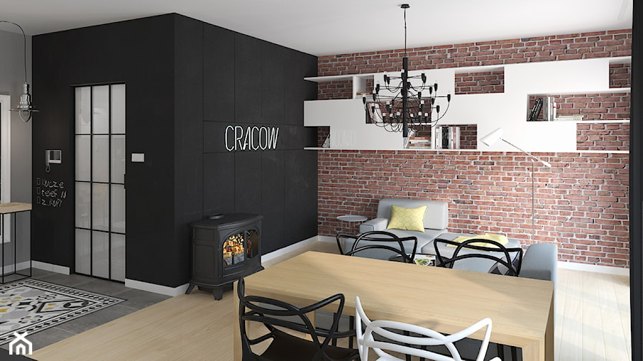 KAWALERKA 35M² – KRAKÓW - Mały czarny szary salon z jadalnią, styl nowoczesny - zdjęcie od Devangari Design
