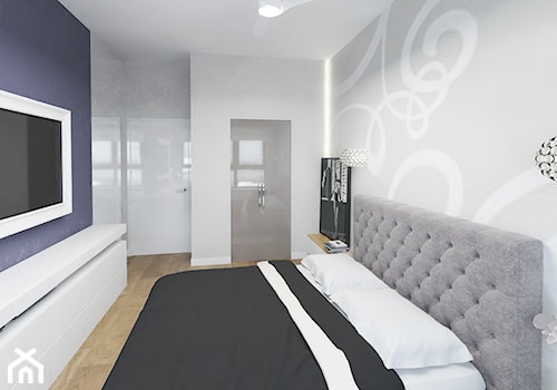 APARTAMENT 130M² – WILANÓW - Średnia szara sypialnia z łazienką, styl glamour - zdjęcie od Devangari Design