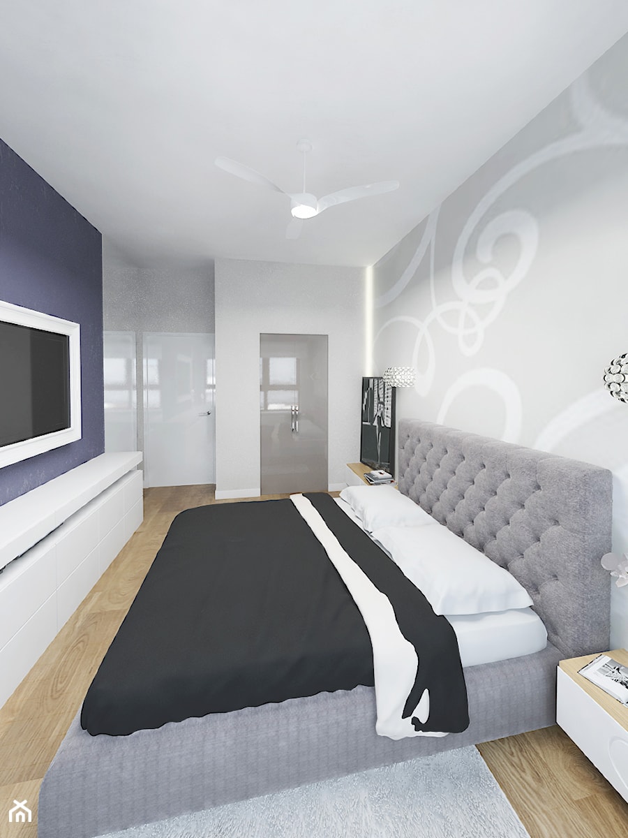 APARTAMENT 130M² – WILANÓW - Średnia szara sypialnia z łazienką, styl glamour - zdjęcie od Devangari Design