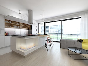 Wizualizacje | Mieszkanie 100m² Wilanów - Średnia otwarta z salonem biała z zabudowaną lodówką kuchnia jednorzędowa dwurzędowa z wyspą lub półwyspem z oknem, styl industrialny - zdjęcie od Devangari Design