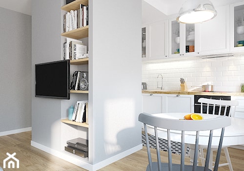 MIESZKANIE 49,5M² – POZNAŃ - Mały biały szary salon z kuchnią z jadalnią, styl skandynawski - zdjęcie od Devangari Design