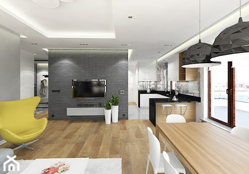 APARTAMENT 130M² – WILANÓW - Duży szary salon z kuchnią z jadalnią z tarasem / balkonem, styl nowoczesny - zdjęcie od Devangari Design