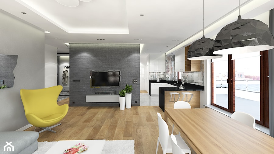 APARTAMENT 130M² – WILANÓW - Duży szary salon z kuchnią z jadalnią z tarasem / balkonem, styl nowoczesny - zdjęcie od Devangari Design