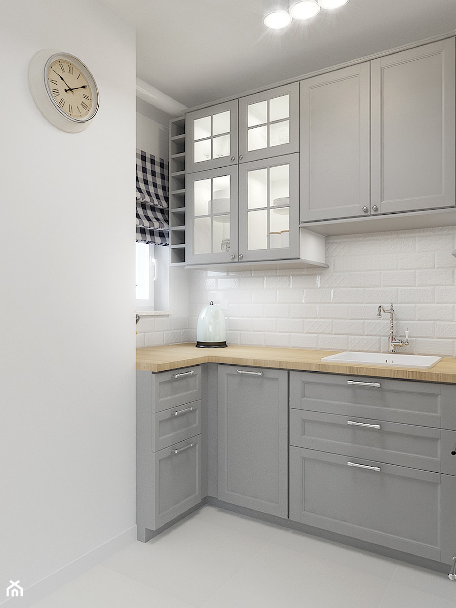 KAWALERKA 32M² – KAMIONEK - Średnia biała z nablatowym zlewozmywakiem kuchnia w kształcie litery l, styl rustykalny - zdjęcie od Devangari Design
