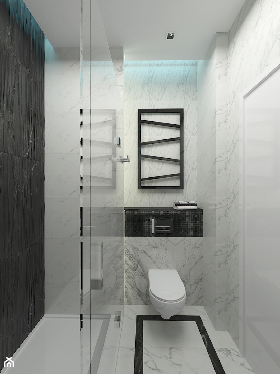 APARTAMENT 130M² – WILANÓW - Mała na poddaszu bez okna z marmurową podłogą łazienka, styl nowoczesny - zdjęcie od Devangari Design