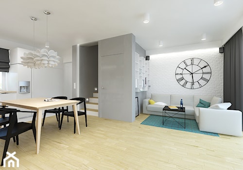 DOM 73M² – LUBOŃ K.POZNANIA - Mały biały szary salon z kuchnią z jadalnią, styl skandynawski - zdjęcie od Devangari Design