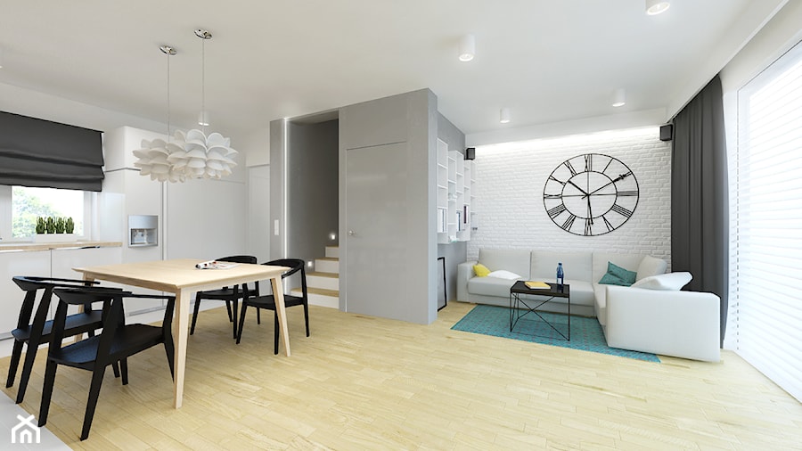 DOM 73M² – LUBOŃ K.POZNANIA - Mały biały szary salon z kuchnią z jadalnią, styl skandynawski - zdjęcie od Devangari Design