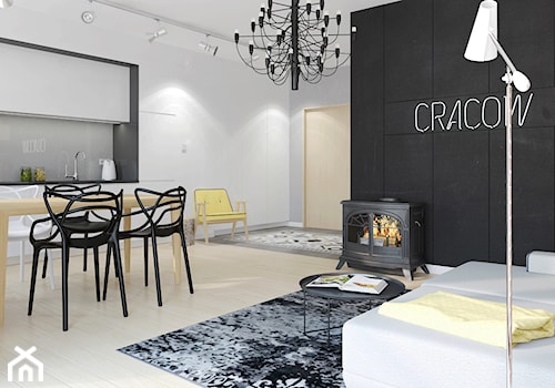 KAWALERKA 35M² – KRAKÓW - Średni biały szary salon z kuchnią z jadalnią, styl nowoczesny - zdjęcie od Devangari Design