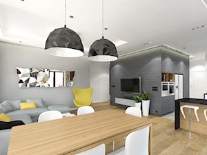 APARTAMENT 130M² – WILANÓW - Duży szary salon z kuchnią z jadalnią, styl nowoczesny - zdjęcie od Devangari Design