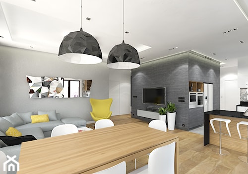 APARTAMENT 130M² – WILANÓW - Duży szary salon z kuchnią z jadalnią, styl nowoczesny - zdjęcie od Devangari Design