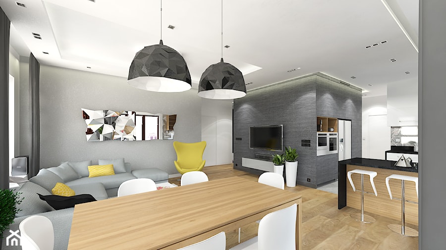APARTAMENT 130M² – WILANÓW - Duży szary salon z kuchnią z jadalnią, styl nowoczesny - zdjęcie od Devangari Design