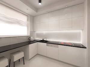 Mieszkanie 70m² Praga Płd - Duża zamknięta biała z zabudowaną lodówką z nablatowym zlewozmywakiem kuchnia w kształcie litery l, styl nowoczesny - zdjęcie od Devangari Design