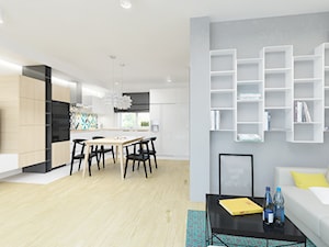 DOM 73M² – LUBOŃ K.POZNANIA - Mały biały niebieski salon z kuchnią z jadalnią, styl skandynawski - zdjęcie od Devangari Design