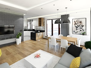 APARTAMENT 130M² – WILANÓW - Duży biały szary salon z kuchnią z jadalnią z tarasem / balkonem, styl nowoczesny - zdjęcie od Devangari Design