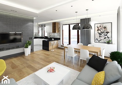 APARTAMENT 130M² – WILANÓW - Duży biały szary salon z kuchnią z jadalnią z tarasem / balkonem, styl nowoczesny - zdjęcie od Devangari Design