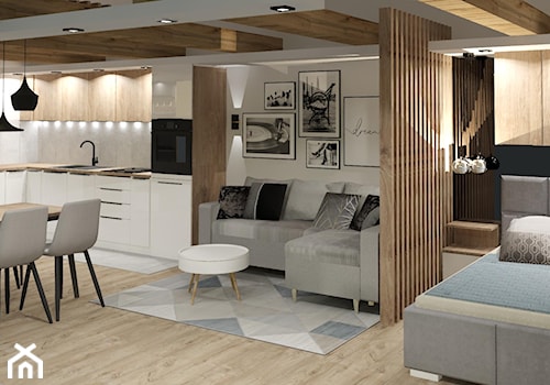 Wizualizacje wnętrz - Mała otwarta z salonem biała kuchnia w kształcie litery l, styl nowoczesny - zdjęcie od 3D Interior Studio Projektowania Wnętrz